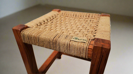 Natural Banana Fiber Top Wood Stool, Handcrafted Wood Stool, Hand-Woven Banana Fiber, No Tool Assembly (Square, Brown), Woven Rope Stool - Brown, Home Decorations, Boho Minimalistic furniture