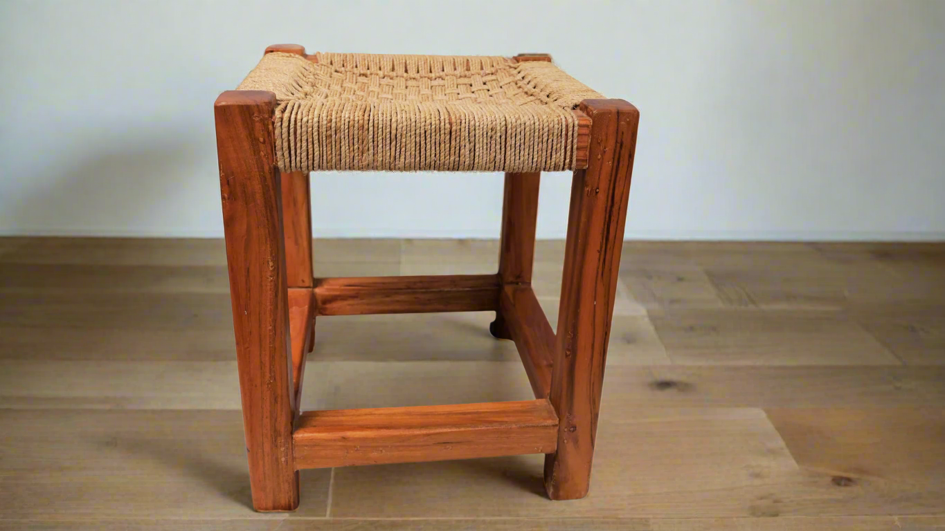 Natural Banana Fiber Top Wood Stool, Handcrafted Wood Stool, Hand-Woven Banana Fiber, No Tool Assembly (Square, Brown), Woven Rope Stool - Brown, Home Decorations, Boho Minimalistic furniture