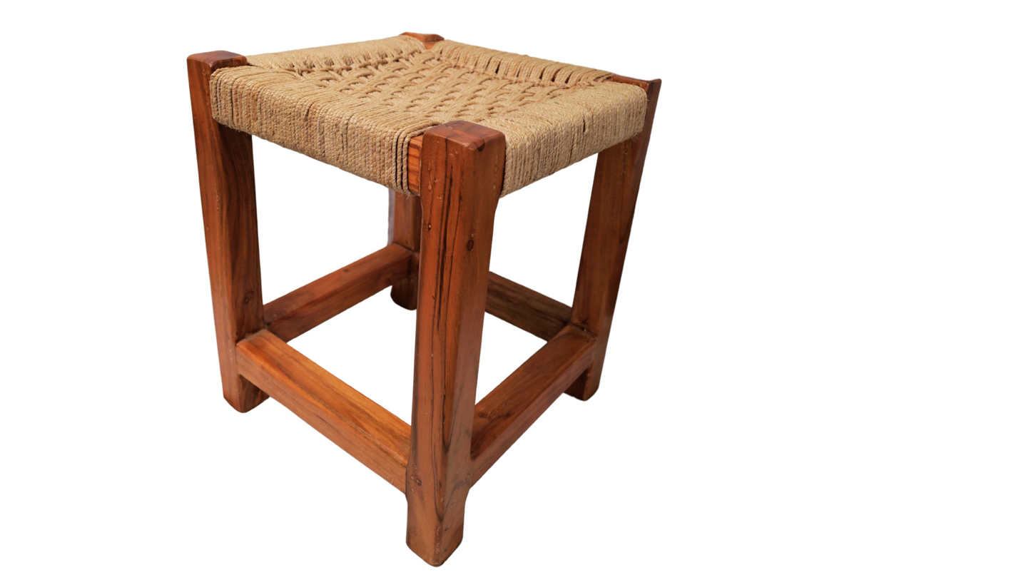 Natural Banana Fiber Top Wood Stool, Handcrafted Wood Stool, Hand-Woven Banana Fiber, No Tool Assembly (Square, Brown), Woven Rope Stool - Brown, Home Decorations, Boho Minimalistic furniture